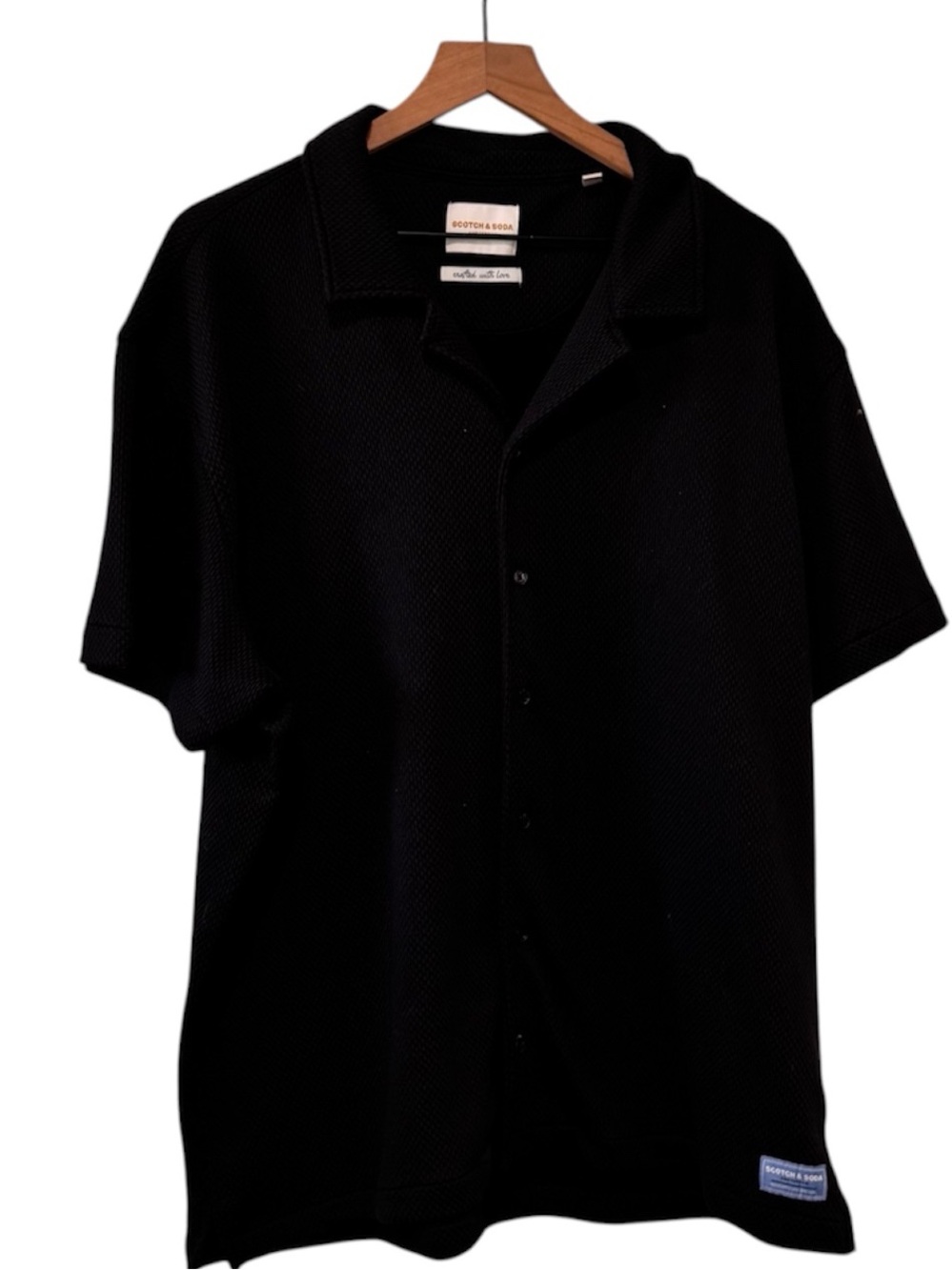 Scotch & Soda Amsterdam Black Short Sleeve Button Up Shirt Waffle Knit